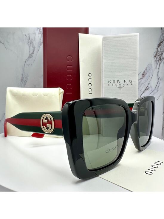 SUNNIES New GUCCI Sunglasses Black Gold 3D Metal Logo Square Red Green Arms main image 7
